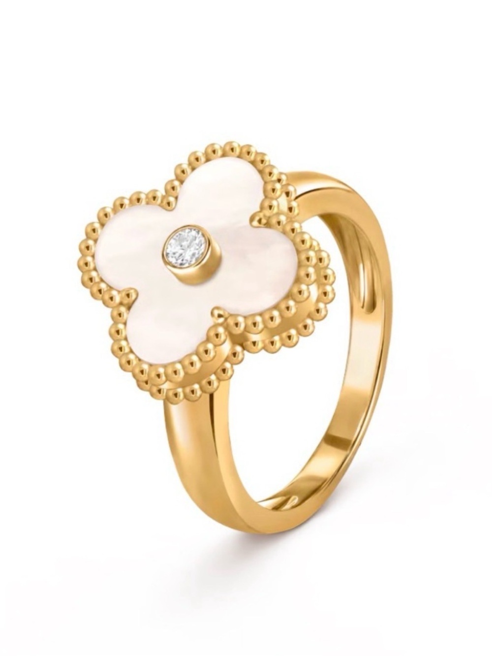 Gold Flower Mother-of-Pearl Ring with Center Stone - Picture 3 of 4